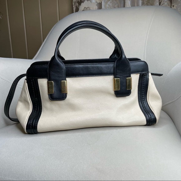 CHLOE Alice Cream & Black Leather Convertible Satchel Bag Handbag Shoulder Strap - Picture 3 of 9